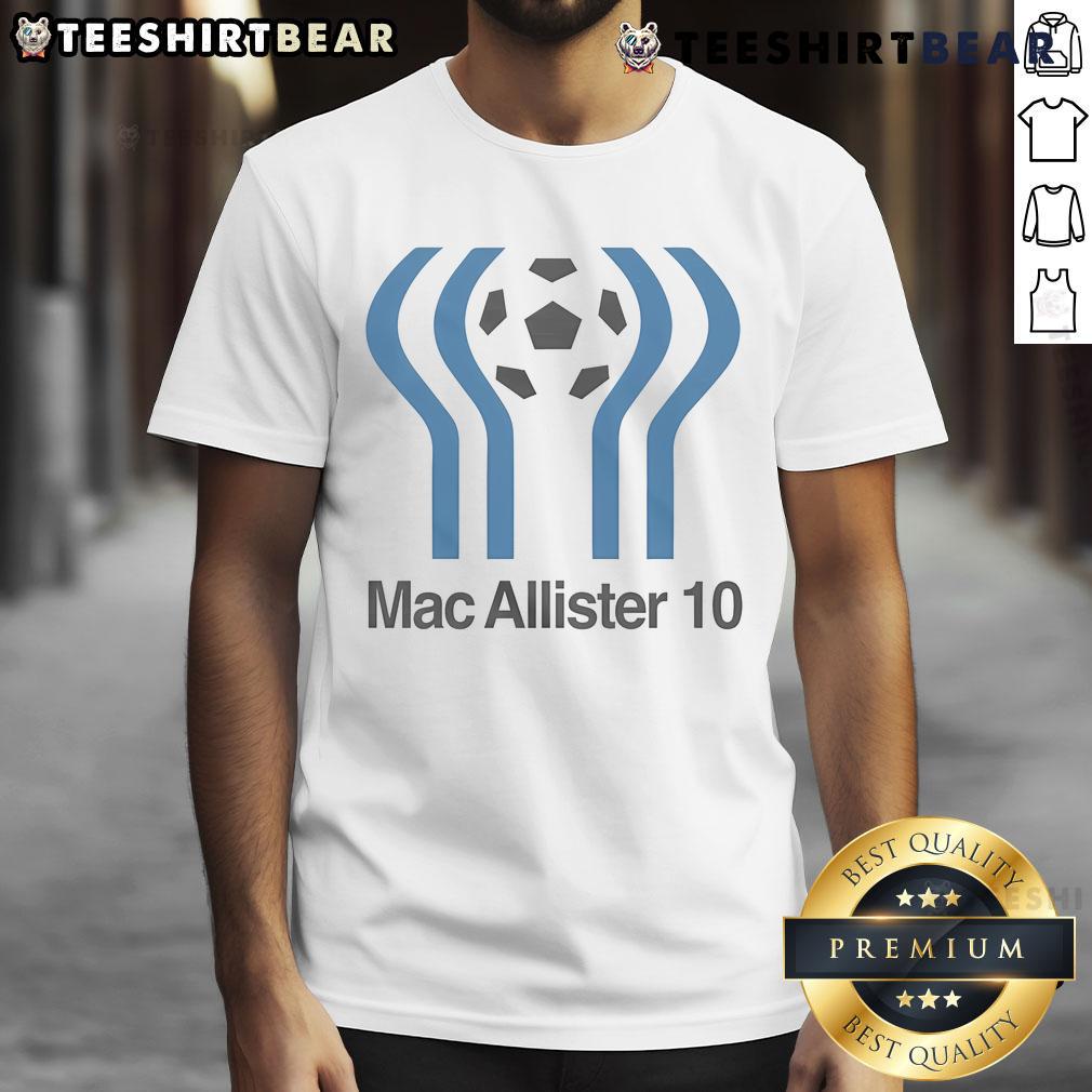 Alt Text: Top The Anfield Wrap Mac Allister 10 Liverpool T-Shirt featuring vibrant graphics and a stylish design for fans.