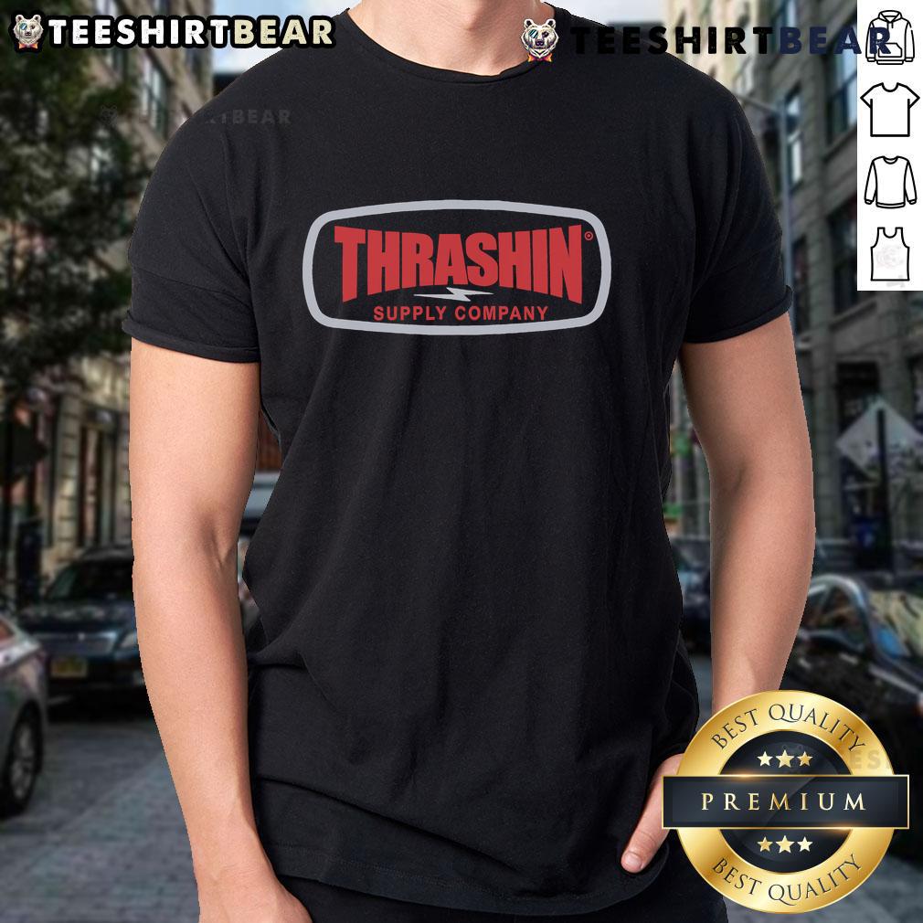 Top Thrashin Supply Company Badge T-Shirt featuring a vintage logo design, perfect for casual streetwear enthusiasts.