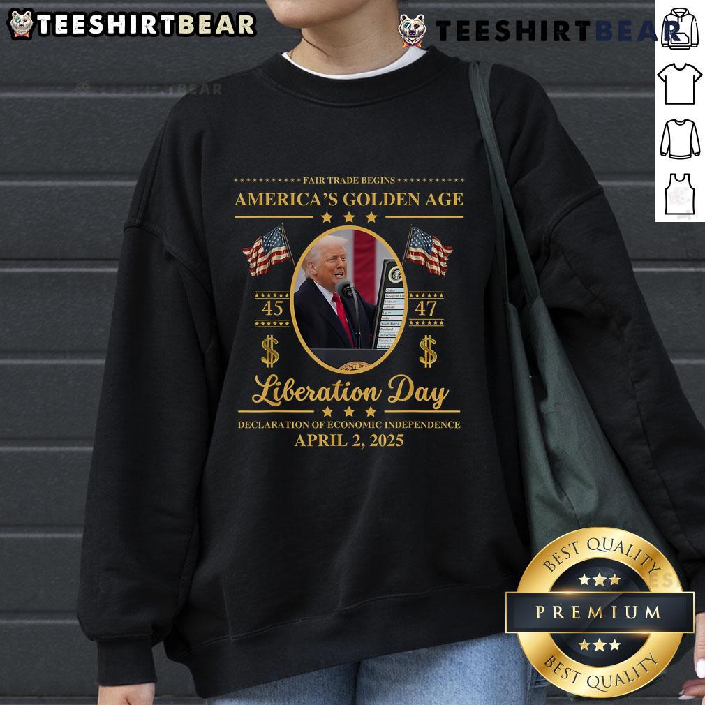 Alt Text: Top Trump reading tariffs on a 'Liberation Day' sweatshirt, celebrating fair trade in a golden age of commerce.