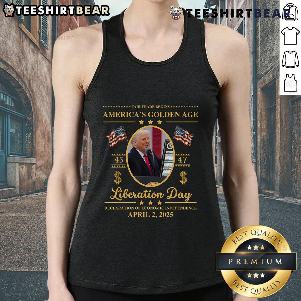 Top Trump reading tariffs on Liberation Day, wearing a Golden Age Fair Trade tank top, promoting ethical fashion.