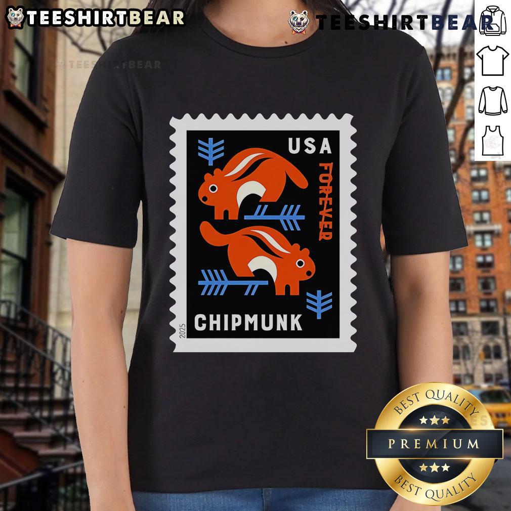 Top USA Chipmunk Stamp Ladies Tee featuring a playful chipmunk design on soft, comfortable fabric for casual wear.