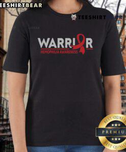 Top Warrior Hemophilia Awareness Red Ribbon Ladies Tee showcasing a stylish design for raising awareness about hemophilia.