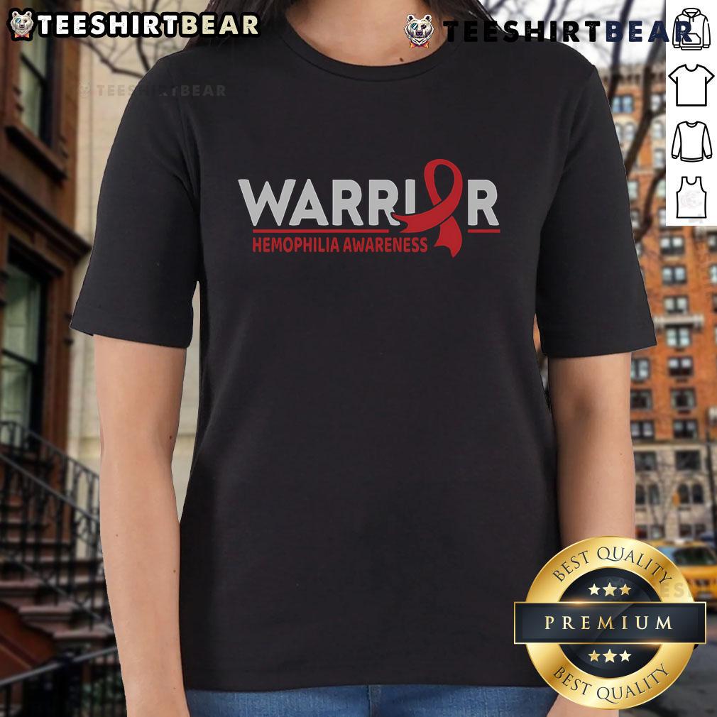 Top Warrior Hemophilia Awareness Red Ribbon Ladies Tee showcasing a stylish design for raising awareness about hemophilia.