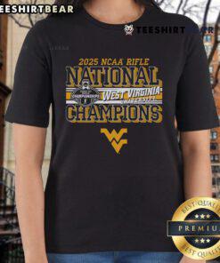 Top West Virginia Mountaineers 2025 NCAA Rifle National Champions ladies tee featuring team logo and championship design.