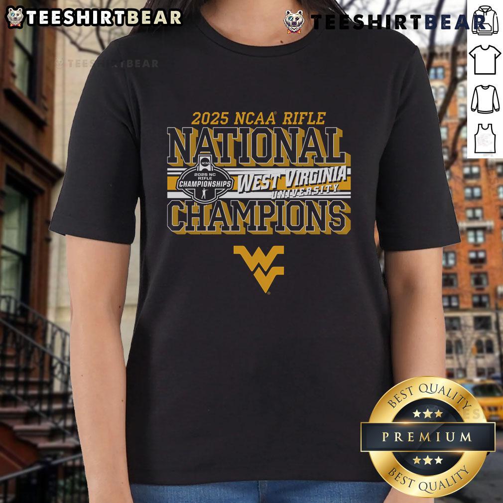 Top West Virginia Mountaineers 2025 NCAA Rifle National Champions ladies tee featuring team logo and championship design.