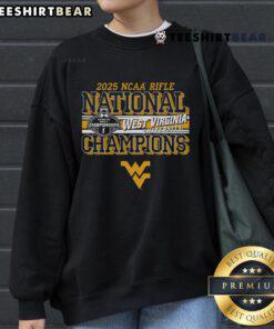 Top West Virginia Mountaineers 2025 NCAA Rifle National Champions sweatshirt featuring team logo and championship graphics.