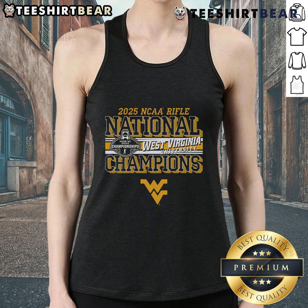 Top West Virginia Mountaineers 2025 NCAA Rifle National Champions tank top featuring team colors and logo design.