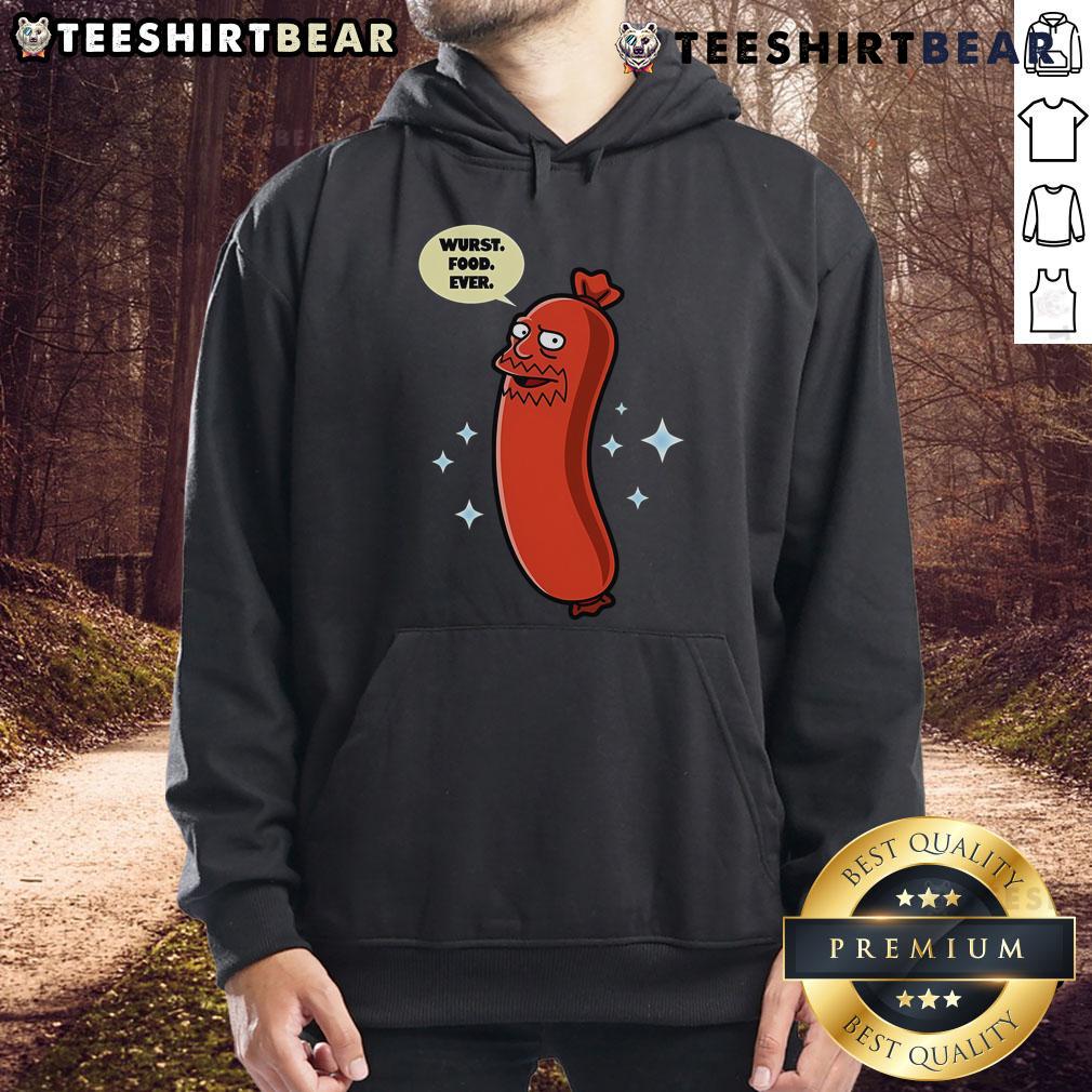 Funny hoodie featuring 'Top Wurst Food Ever' sausage design, perfect for food lovers and humor enthusiasts.