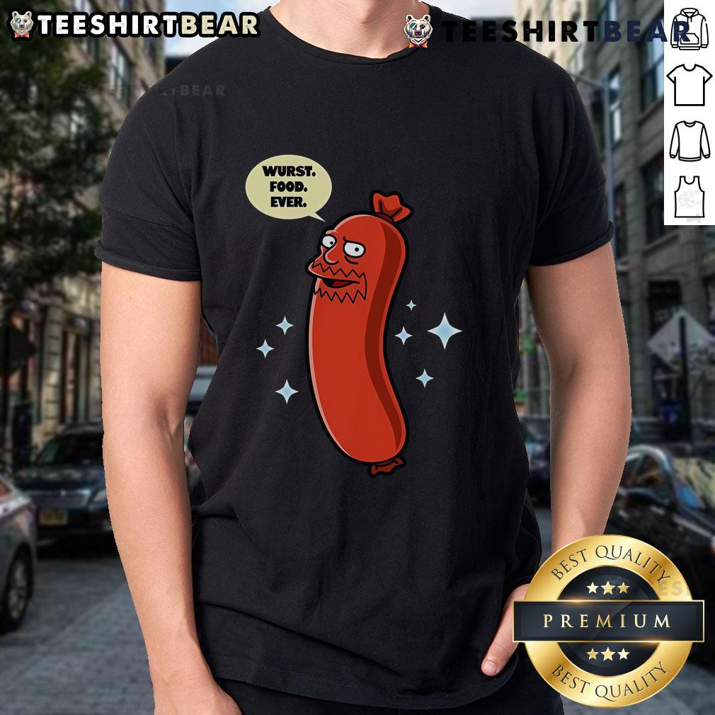 Funny T-shirt featuring 'Top Wurst Food Ever Sausage' graphic, perfect for sausage lovers and food enthusiasts.