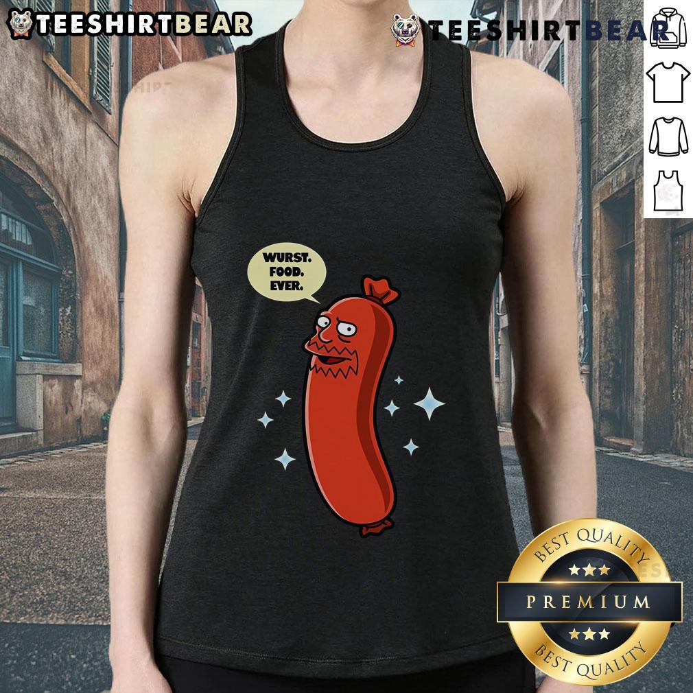 Funny tank top featuring Top Wurst Food Ever with a playful sausage graphic, perfect for food lovers and humor enthusiasts.