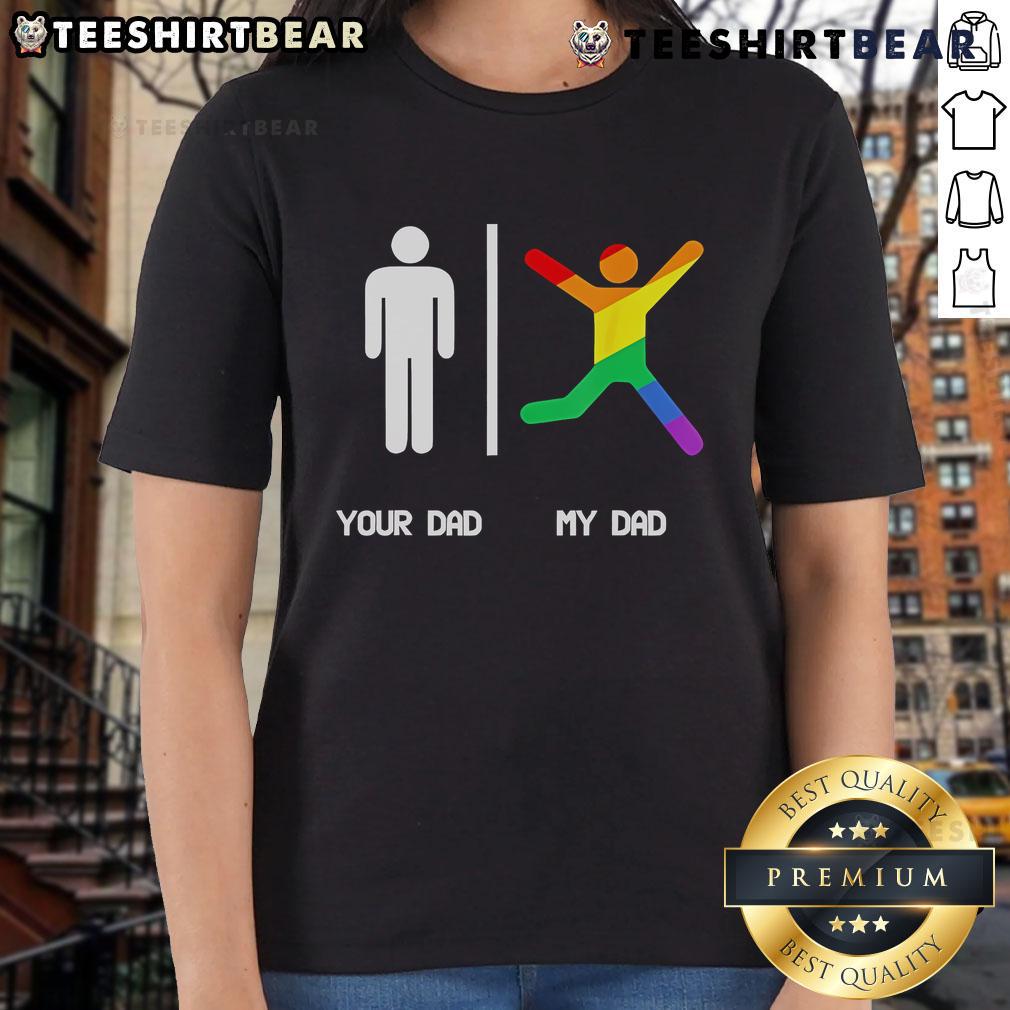 Top Your Dad and My Dad Pride Flag Ladies Tee showcasing vibrant LGBTQ+ pride flag design on a stylish women's t-shirt.