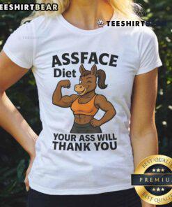 Ripped Donkey ladies tee featuring 'Awesome Assface Diet' slogan, perfect for fitness enthusiasts and stylish workouts.