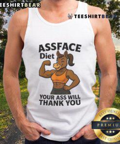 Ripped donkey tank top featuring 'Awesome Assface Diet' slogan, perfect for fitness enthusiasts and humorous apparel lovers.