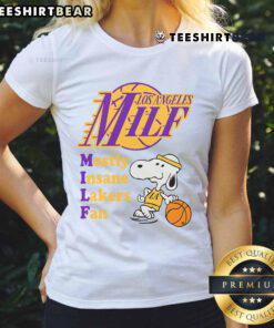 Awesome Snoopy LA Milf Mostly Insane Lakers Fan Ladies Tee featuring a fun graphic design for passionate basketball fans.