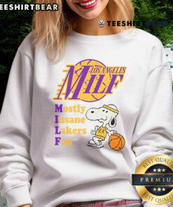 Awesome Snoopy LA Milf sweatshirt featuring a vibrant Lakers fan design, perfect for showing team spirit and style.
