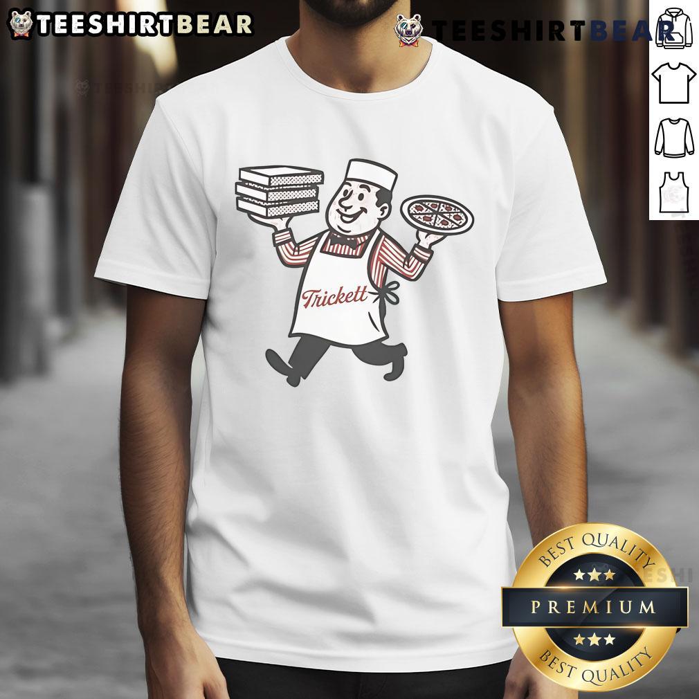 Awesome Trickett England Pizza T-Shirt featuring a fun pizza graphic, perfect for pizza lovers and casual wear.