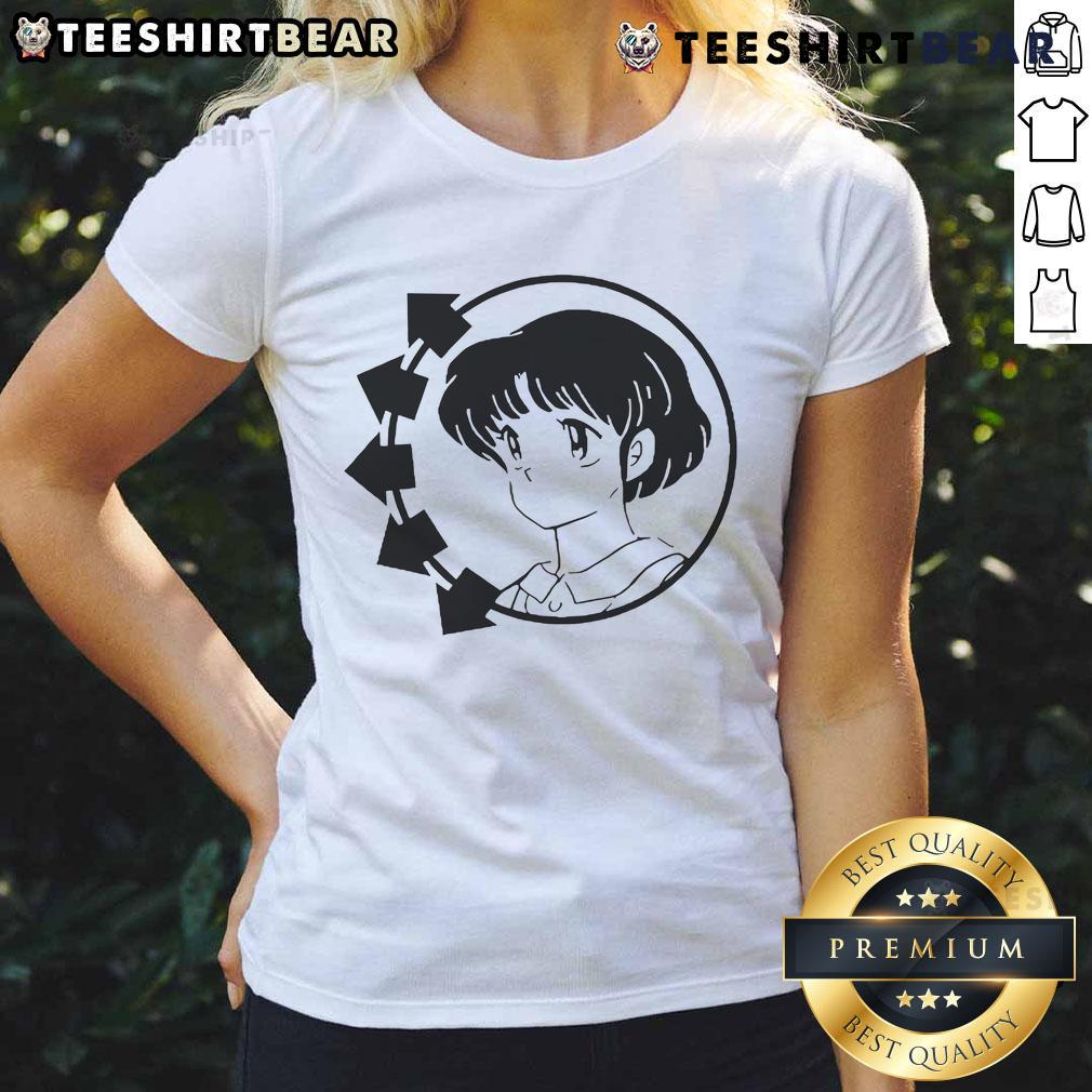 Cute Blink-182 Akane Tendo anime girl smiling on a ladies tee, perfect for fans of anime and music.