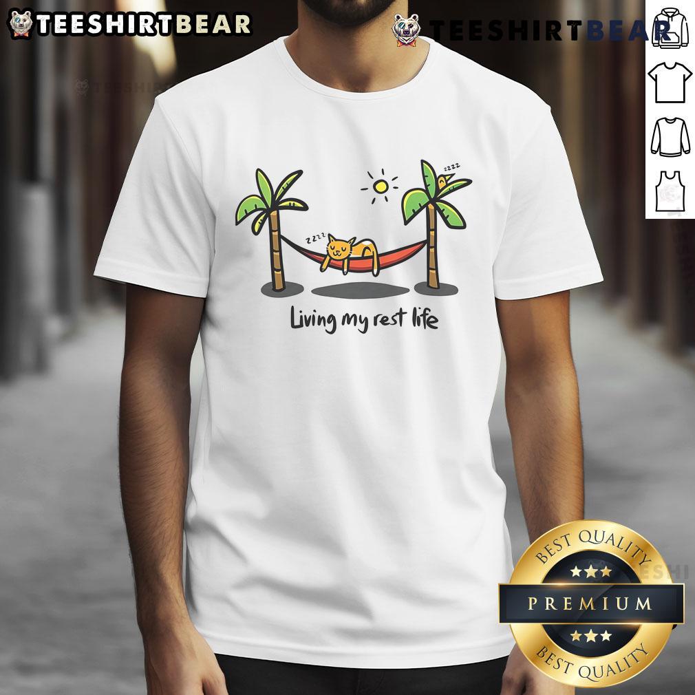 Cute cat living my rest life t-shirt featuring an adorable feline lounging, perfect for cat lovers and comfy style.