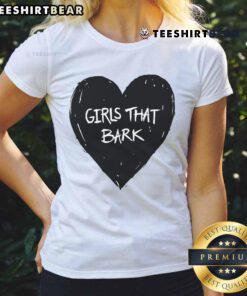 Cute girls wearing a heart-themed ladies tee that says Bark in a fun, playful outdoor setting. Perfect for dog lovers!
