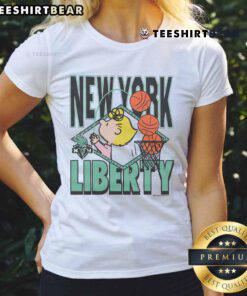 Cute Peanuts Sally x New York Liberty ladies tee featuring vibrant graphics and a stylish design for fans.