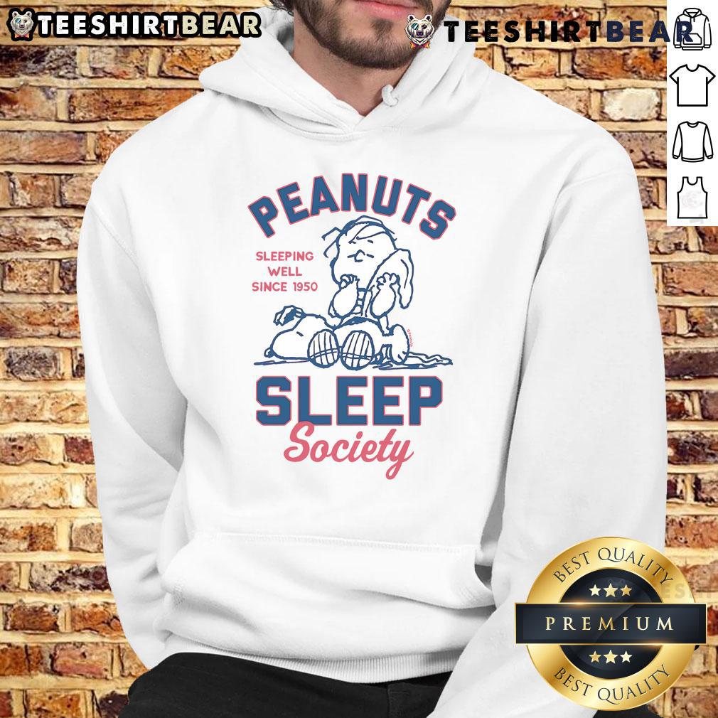 Alt Text: Cute Peanuts Snoopy hoodie from Sleep Society, promoting sleeping well since 1950 with adorable cartoon design.