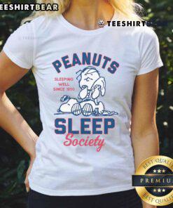 Alt Text: Cute Peanuts Snoopy ladies tee promoting sleep, Sleeping Well Since 1950, perfect for fans of Peanuts and cozy nights.