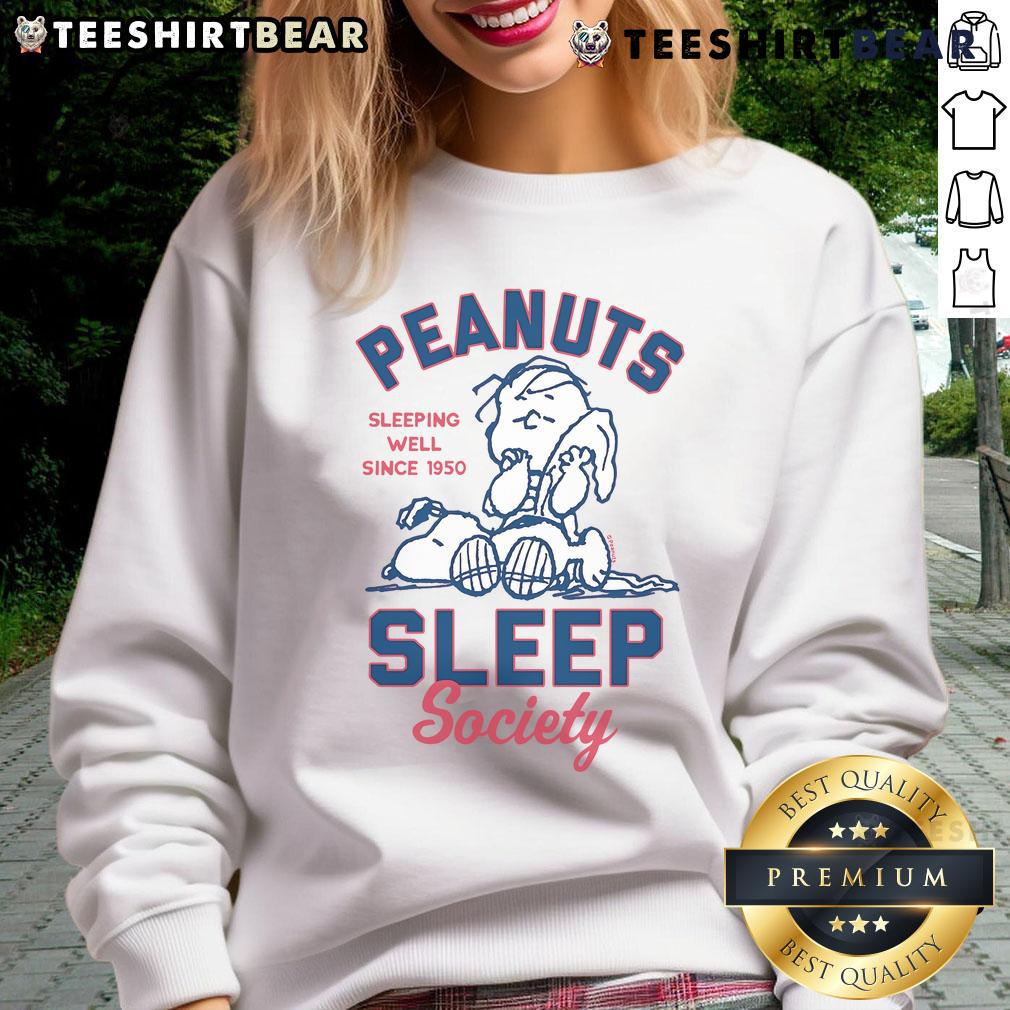 Cute Peanuts Snoopy sweatshirt design promoting Sleep Society, celebrating sleeping well since 1950.