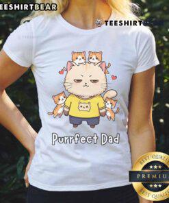 Alt Text: Adorable 'Cute Purrfect Dad' cat family graphic on a ladies' tee, perfect for Father's Day celebrations.