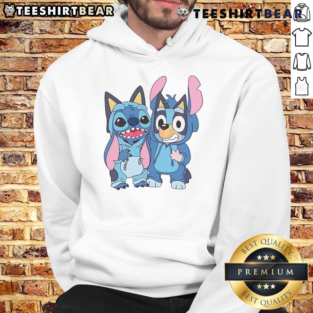 Adorable Stitch and Bluey costume hoodie featuring vibrant colors, perfect for kids' dress-up and playtime adventures.