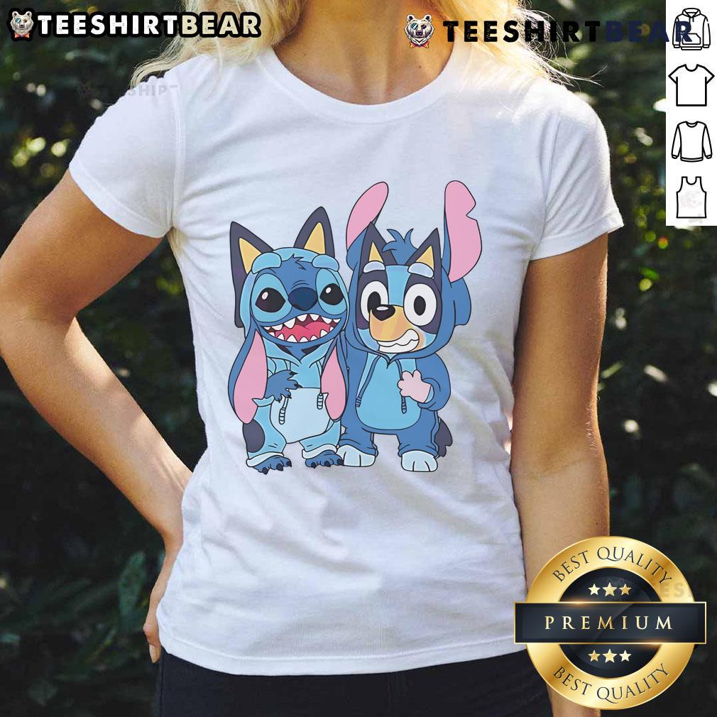Alt Text: Cute Stitch and Bluey costume ladies tee featuring vibrant designs perfect for fans of Bluey and fun casual wear.