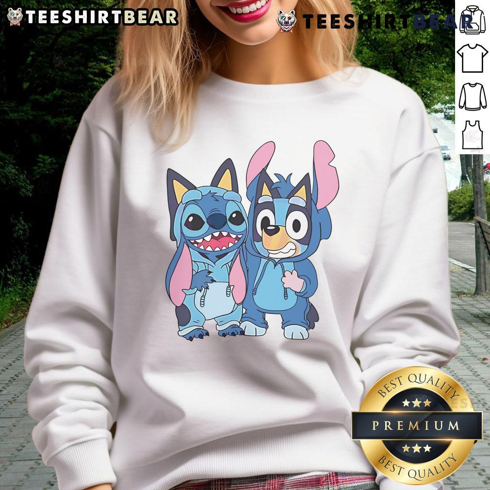 Cute Stitch and Bluey costume sweatshirt featuring vibrant designs, perfect for fans of Bluey and playful fashion.