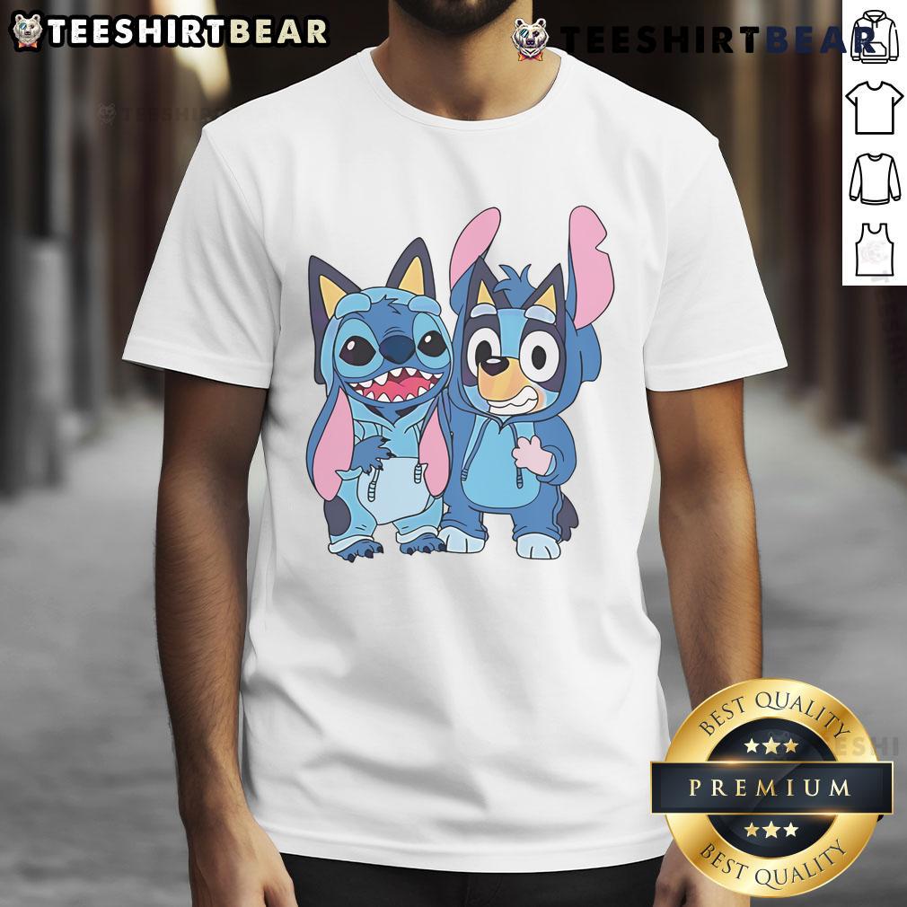 Cute Stitch and Bluey costume t-shirt featuring vibrant designs, perfect for kids' parties and playful outings.