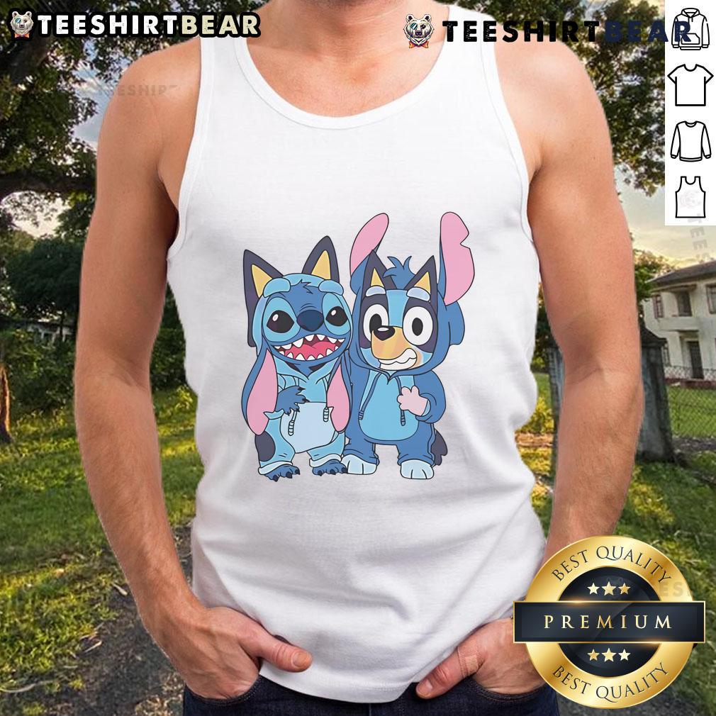Adorable Stitch and Bluey costume tank top featuring vibrant colors and fun designs, perfect for kids' dress-up.