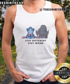 Cute Stitch and Toothless graphic on a 'Stay Different Stay Weird' tank top for unique style lovers.