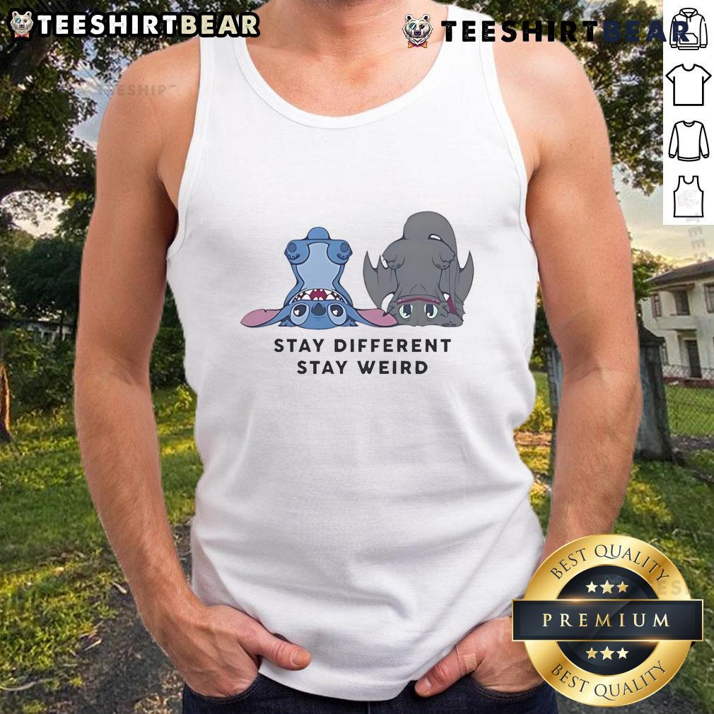 Cute Stitch and Toothless graphic on a 'Stay Different Stay Weird' tank top for unique style lovers.
