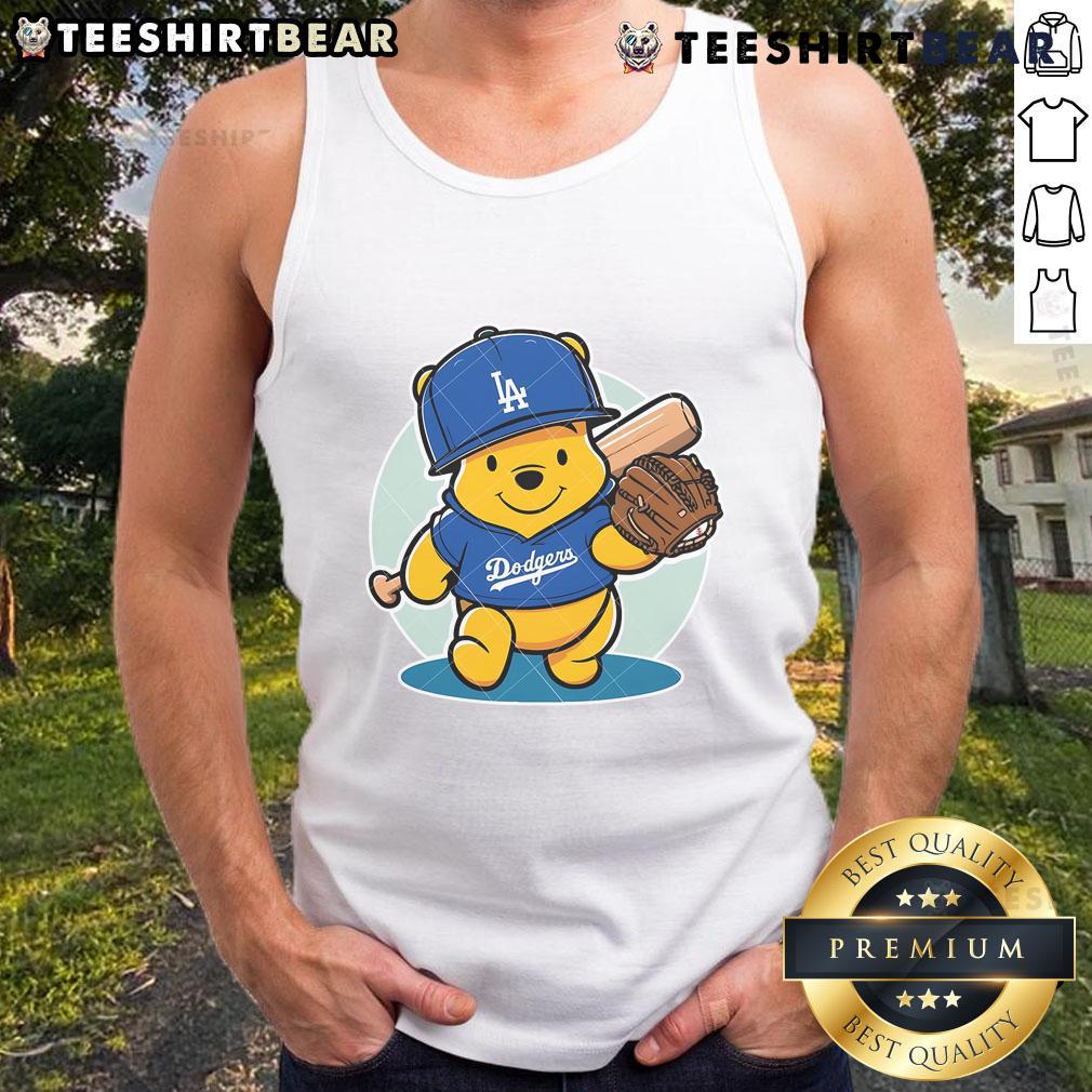 Cute Winnie the Pooh LA Dodgers tank top featuring Pooh in Dodgers gear, perfect for baseball fans and Pooh lovers.