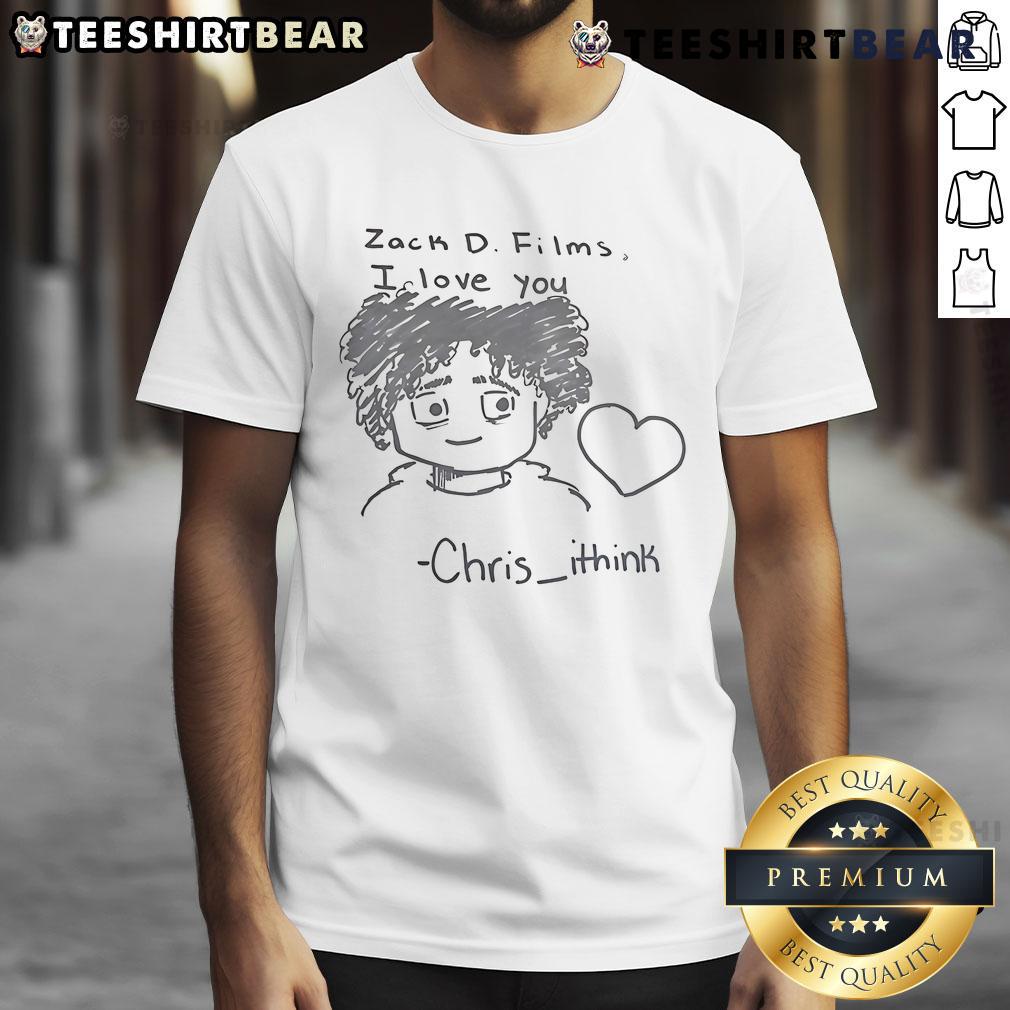 Alt Text: Cute Zack D Films 'I Love You Chris' T-Shirt featuring whimsical design and vibrant colors for fans of the show.
