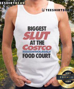 Funny tank top reading 'Biggest Slut at the Costco Wholesale Food Court' worn by a woman in a lively food court setting.