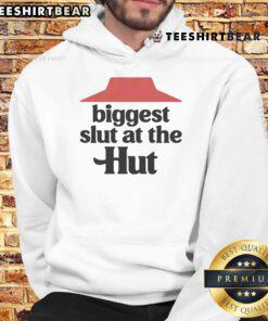 Funny Biggest Slut at the Hut hoodie design featuring bold text and vibrant colors, perfect for humorous fashion.