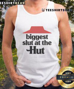 Funny tank top featuring 'Biggest Slut At The Hut' design, perfect for casual wear and humorous fashion statements.