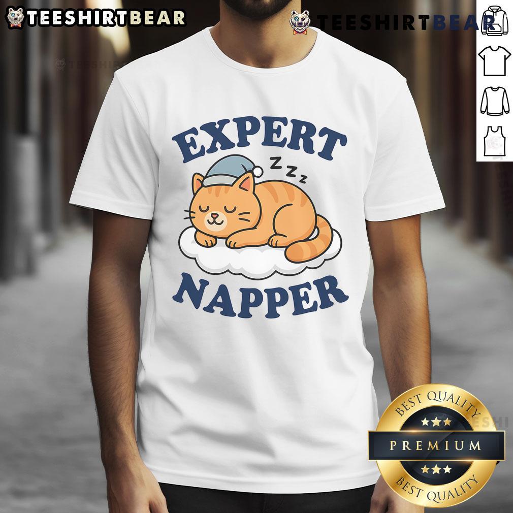 Funny cat expert napper t-shirt featuring a sarcastic kitty saying, perfect for cat lovers and humor enthusiasts.