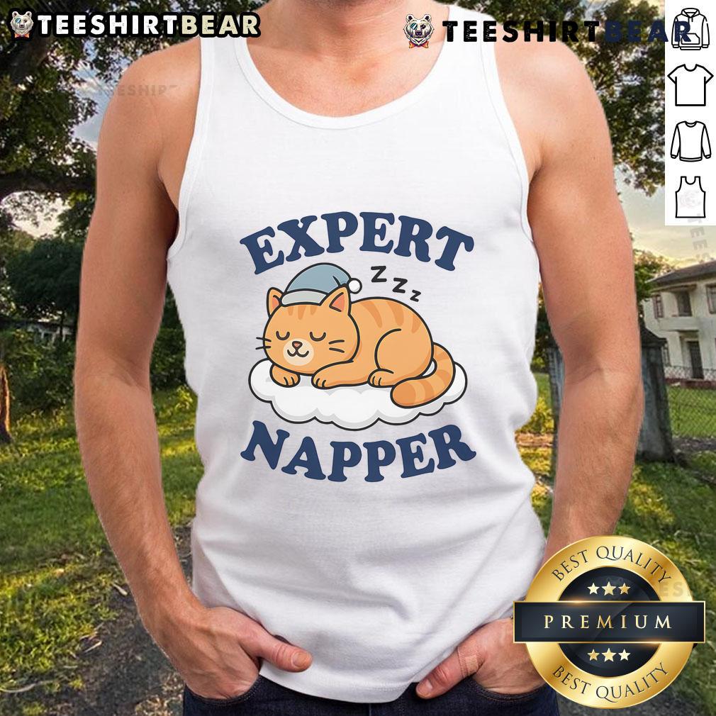Funny cat expert napper in a tank top, showcasing sarcasm and humor with a playful expression. Perfect for cat lovers!
