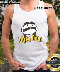 Funny Dominik Mysterio wearing a Dirty Dom tank top, showcasing his playful wrestling persona in a vibrant setting.