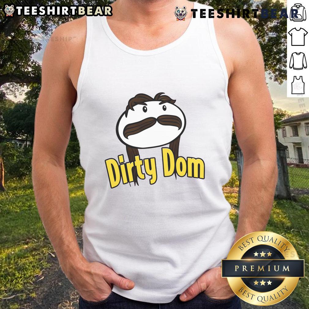 Funny Dominik Mysterio wearing a Dirty Dom tank top, showcasing his playful wrestling persona in a vibrant setting.