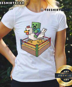 Funny Fighting Chicken Minecraft Chicken Jockey Ladies Tee featuring a whimsical chicken and rider design for gamers.