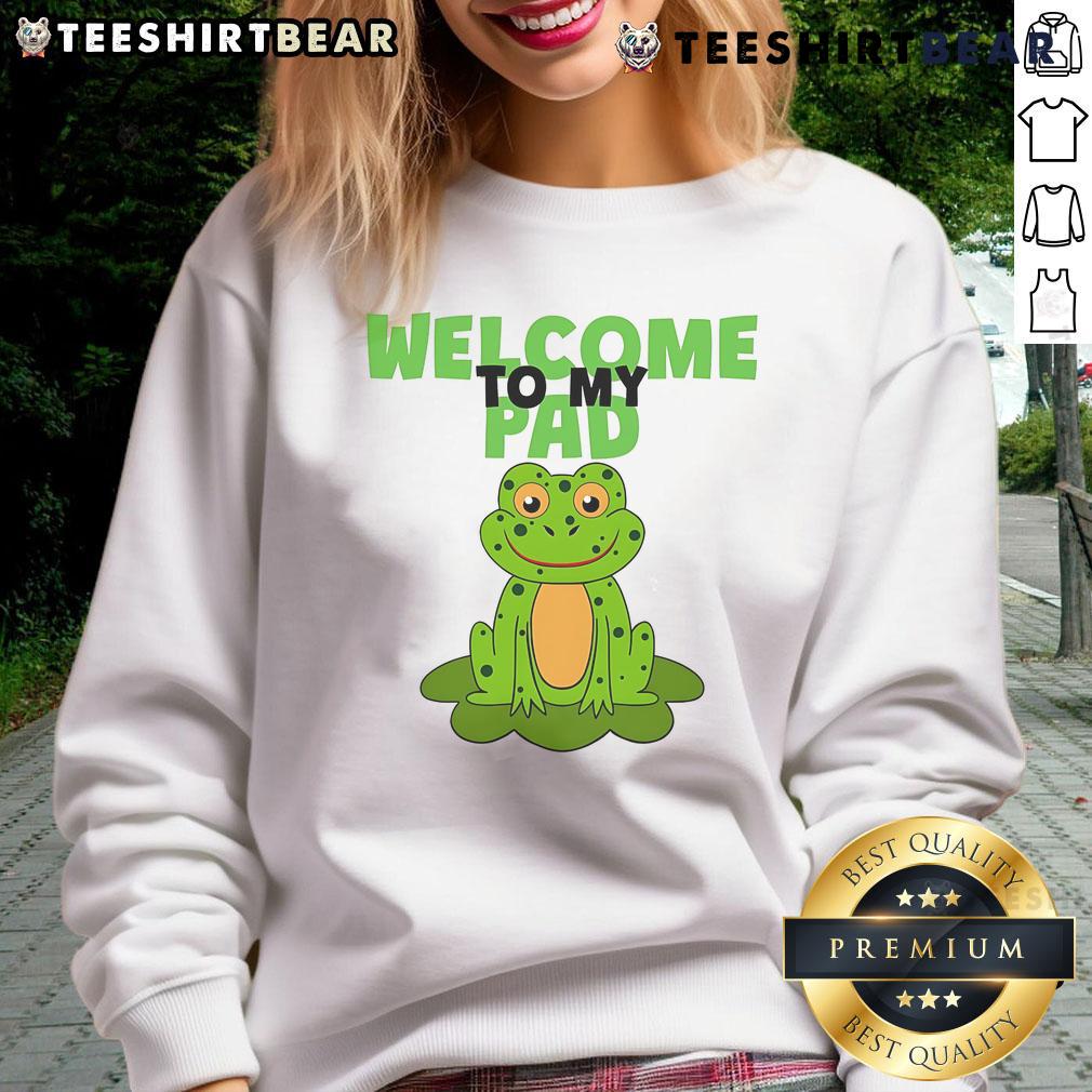 Alt Text: Funny frog on lily pad design featured on a cozy sweatshirt, perfect for casual wear and nature lovers.