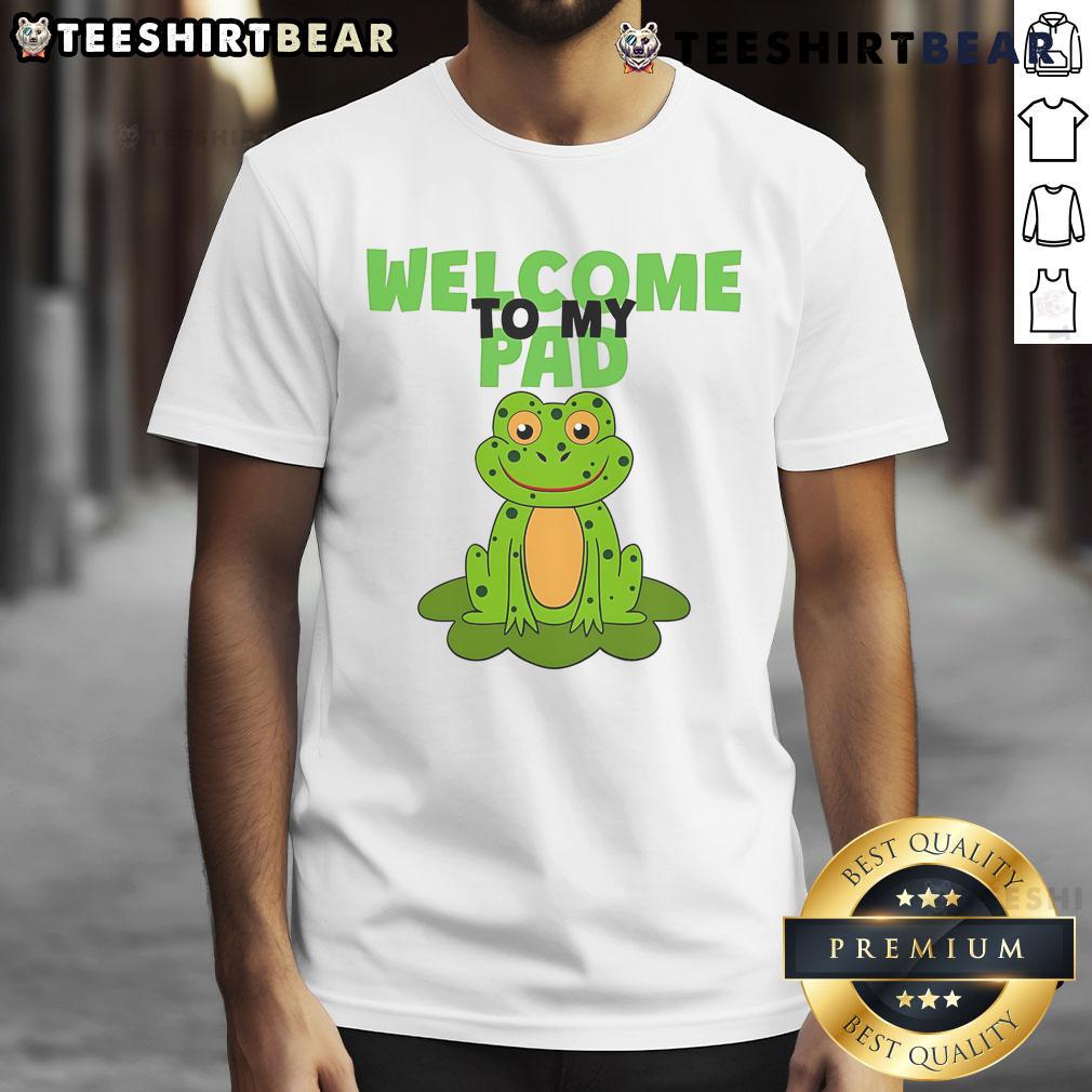 Funny Frog Lily Welcome To My Pad T-Shirt featuring a whimsical frog design on a vibrant background.
