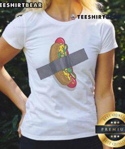 Funny hot dog Chicago tape ladies tee design featuring playful graphics and vibrant colors perfect for casual wear.