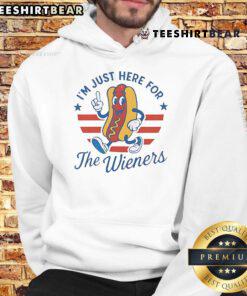 Alt Text: Funny I'm Just Here For The Wieners 4th of July hot dog hoodie with vibrant graphics and festive colors.