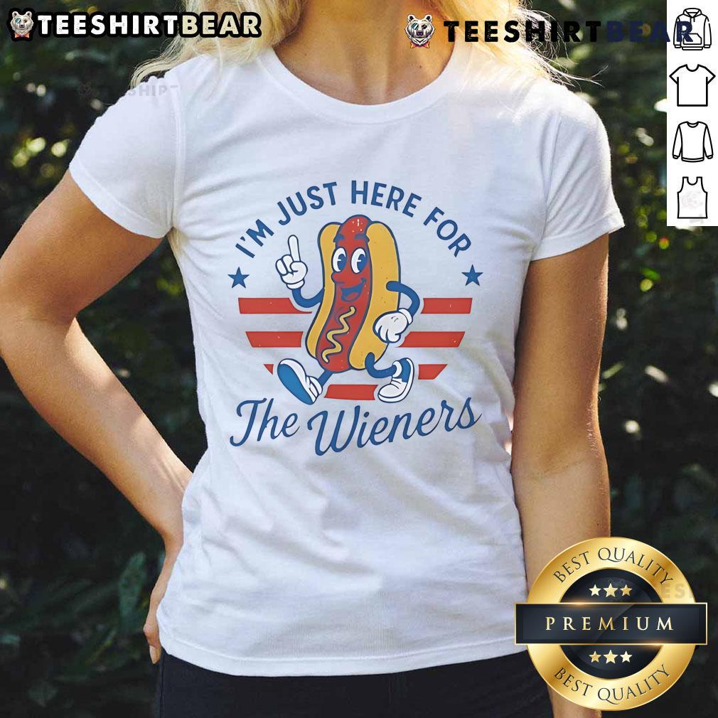 Funny 'I'm Just Here For The Wieners' 4th of July hot dog ladies tee, perfect for festive summer celebrations.